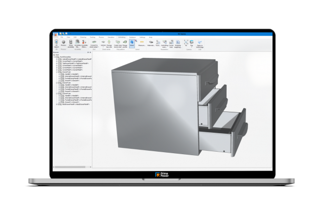 Laptop displaying a 3D model of a metal drawer cabinet with open drawers