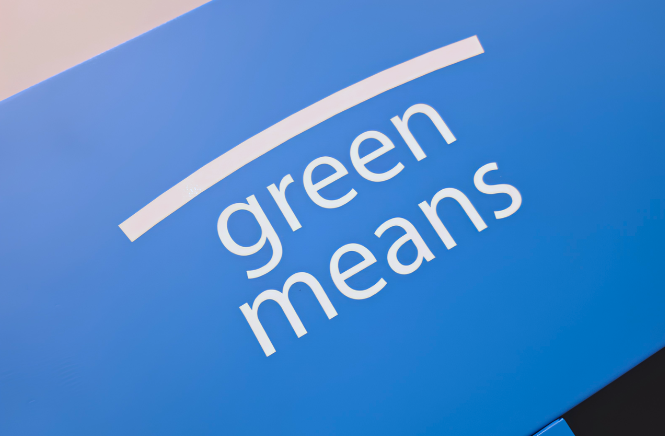 White text 'green means' on a blue background with a white curved line above.