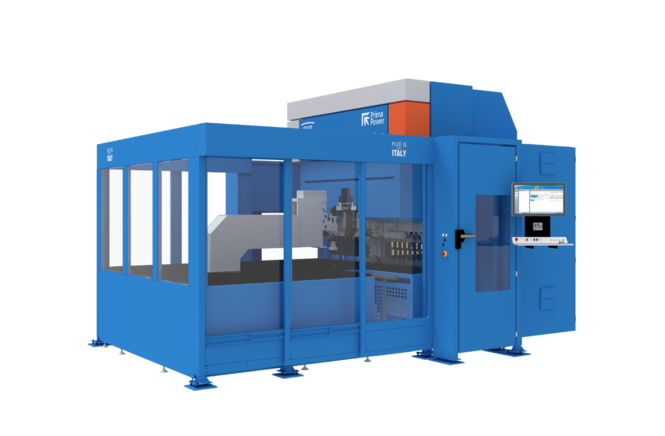 Large blue industrial machine with control panel and transparent windows
