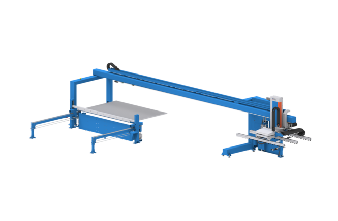 Blue industrial cutting machine with metal sheet platform