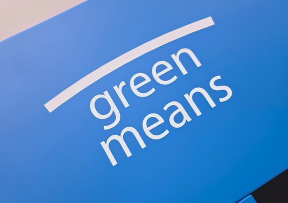 White text 'green means' on a blue background with a white curved line above.